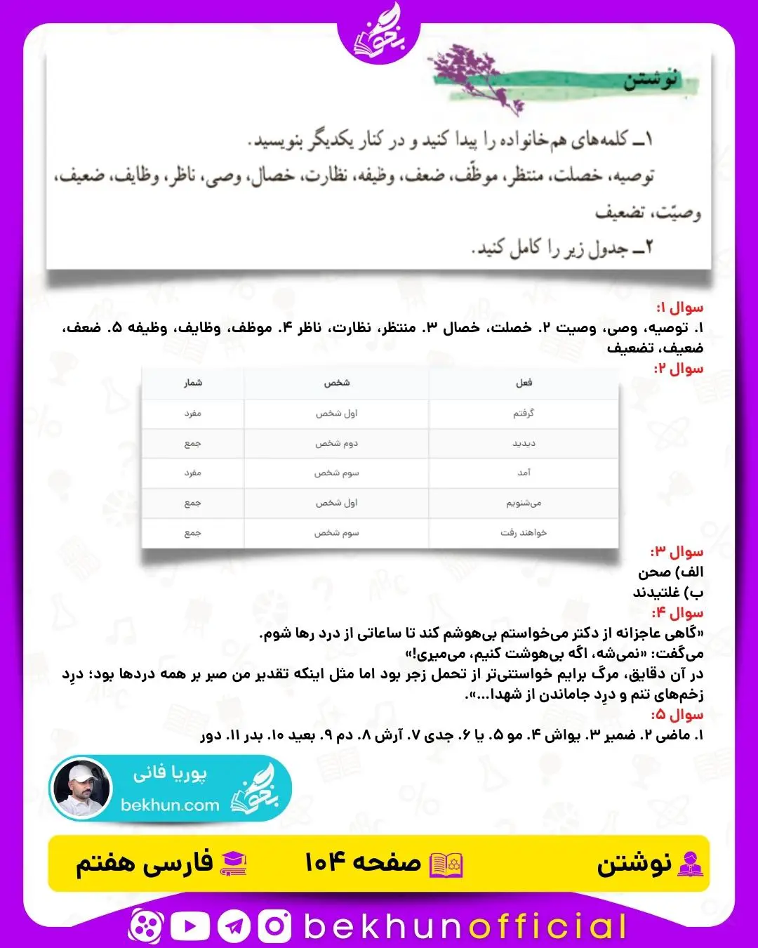 پاسخ نوشتن درس 11 فارسی هفتم