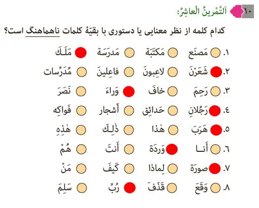 پاسخ تمرین 10 درس 1 عربی هشتم