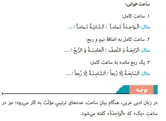 خواندن ساعت در عربی صفحه 116 عربی نهم