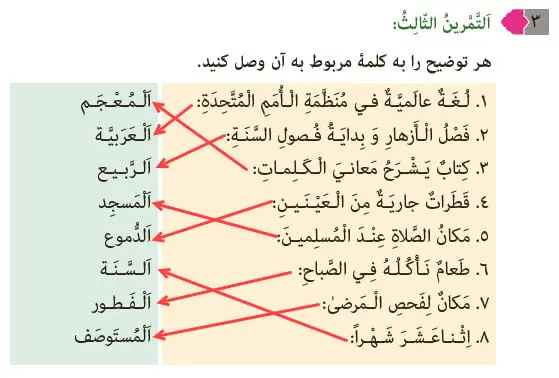جواب تمرین سوم درس 10 عربی هشتم
