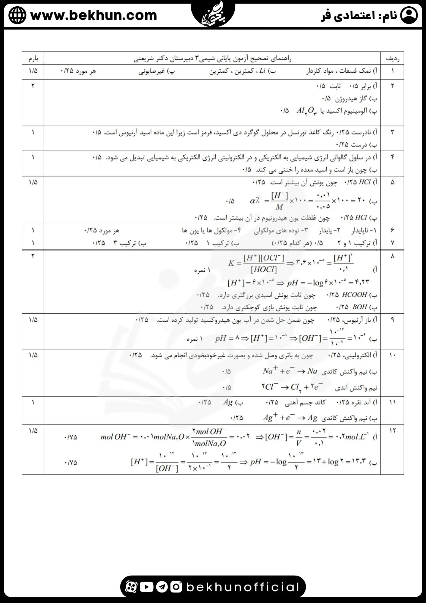 سوالات شیمی دوازدهم دی ماه