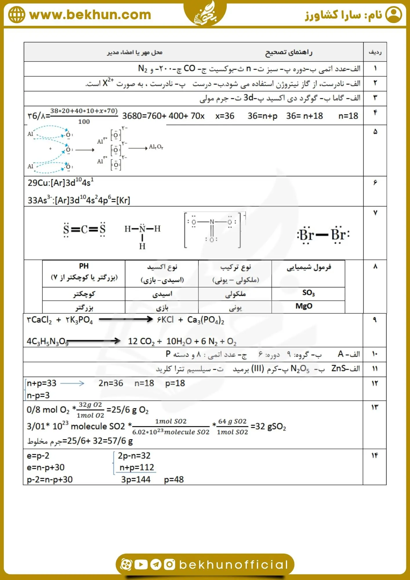 سوالات نوبت اول شیمی دهم تجربی