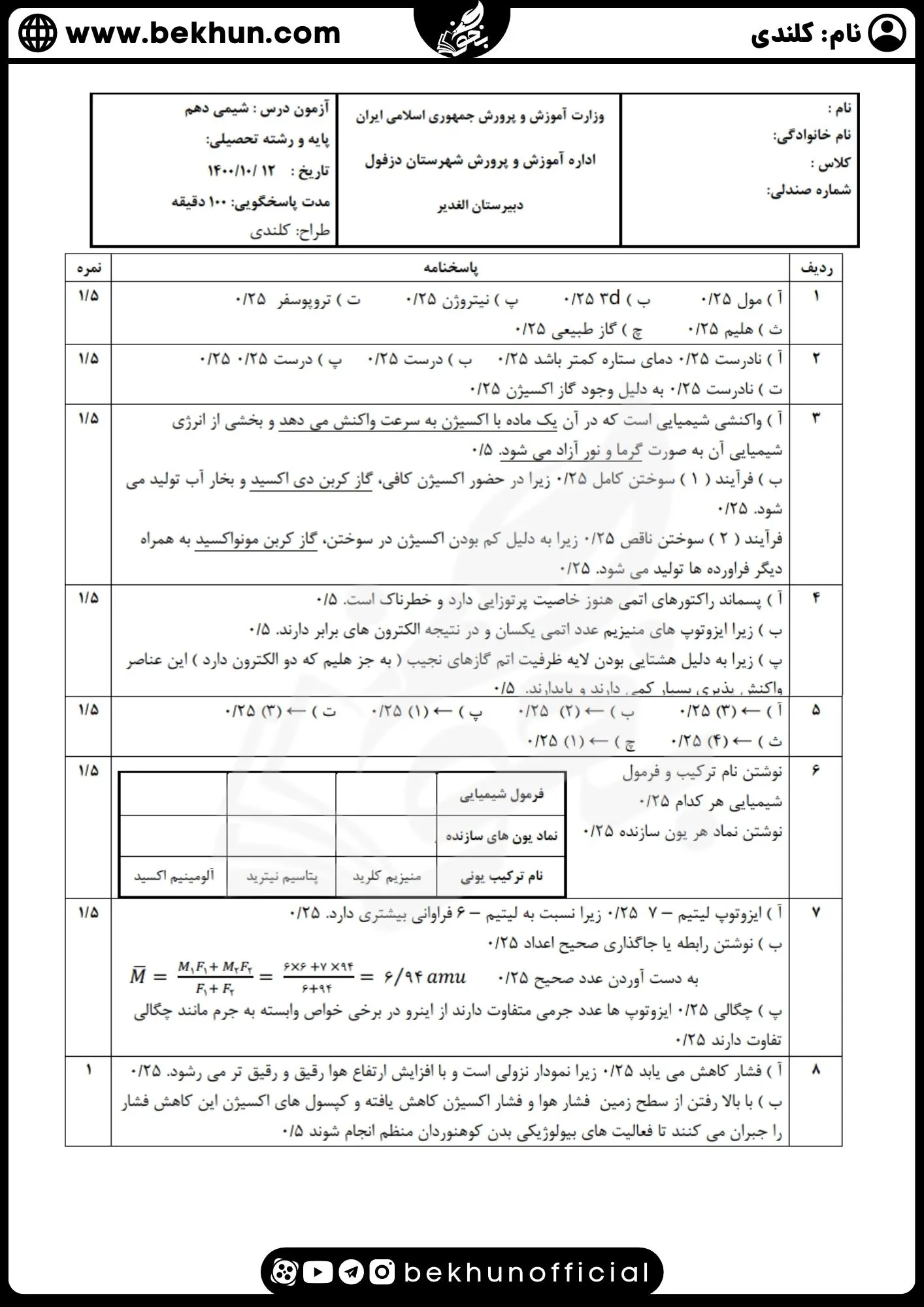 دانلود نمونه سوال نوبت اول شیمی دوازدهم 1400 با جواب