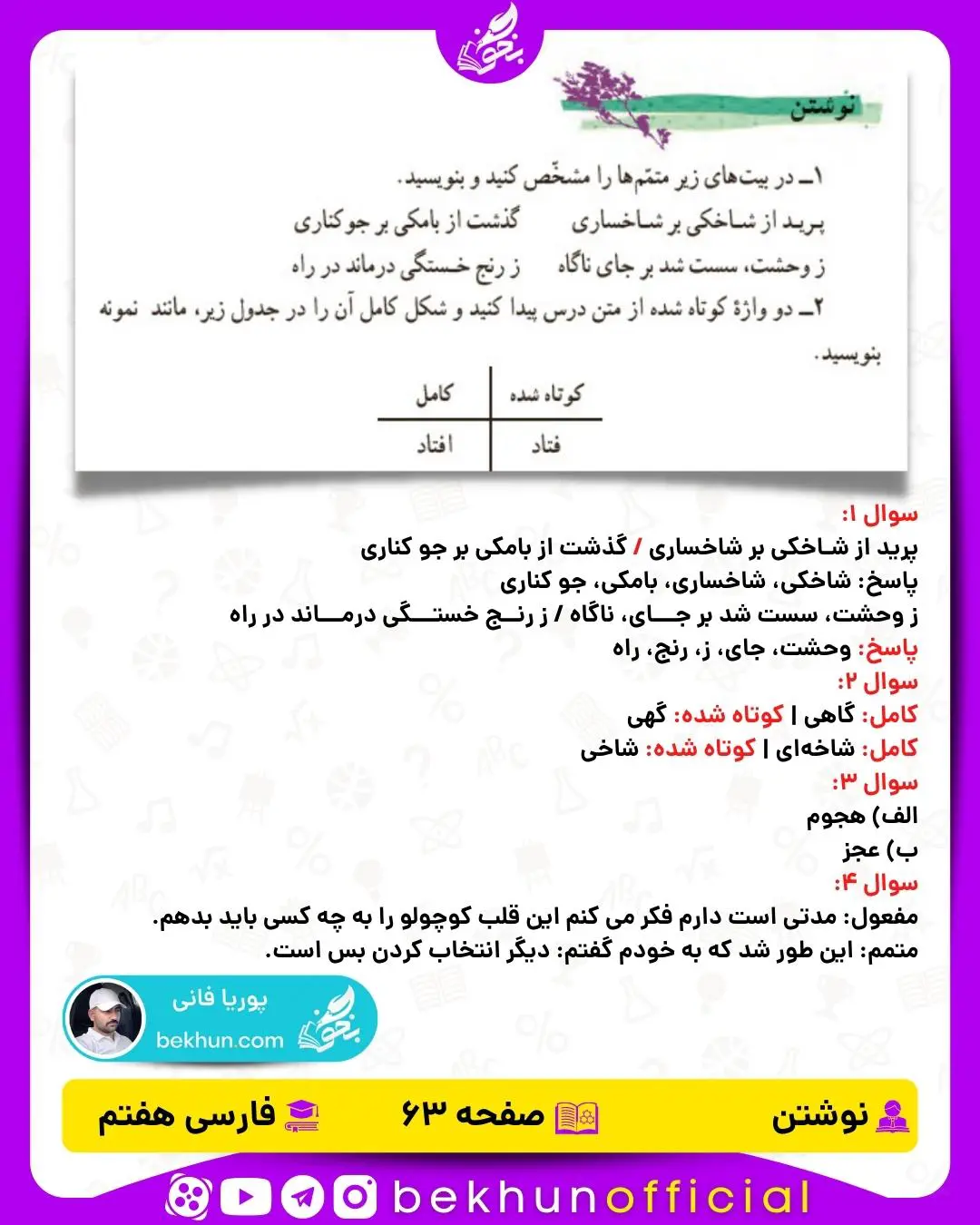 پاسخ نوشتن درس 7 فارسی هفتم