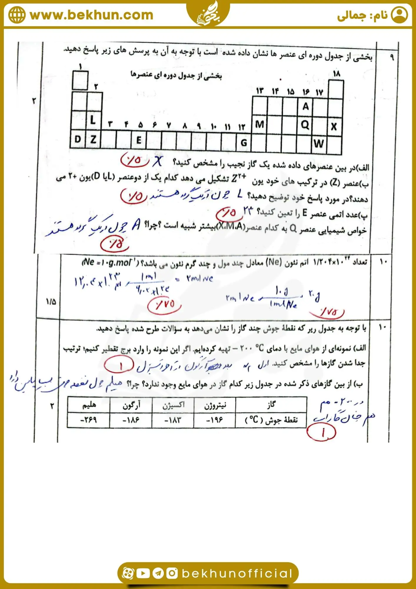 نمونه سوال دی ماه شیمی دهم با جواب