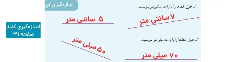 جواب اندازه‌گیری کنید صفحه ۳۱ ریاضی سوم ابتدایی