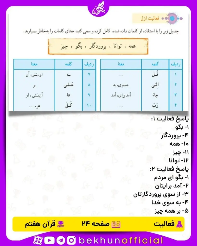 پاسخ صفحه 24 قرآن هفتم