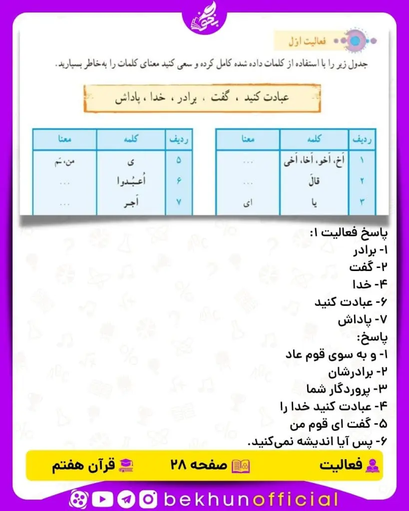 پاسخ فعالیت صفحه 28 قرآن هفتم