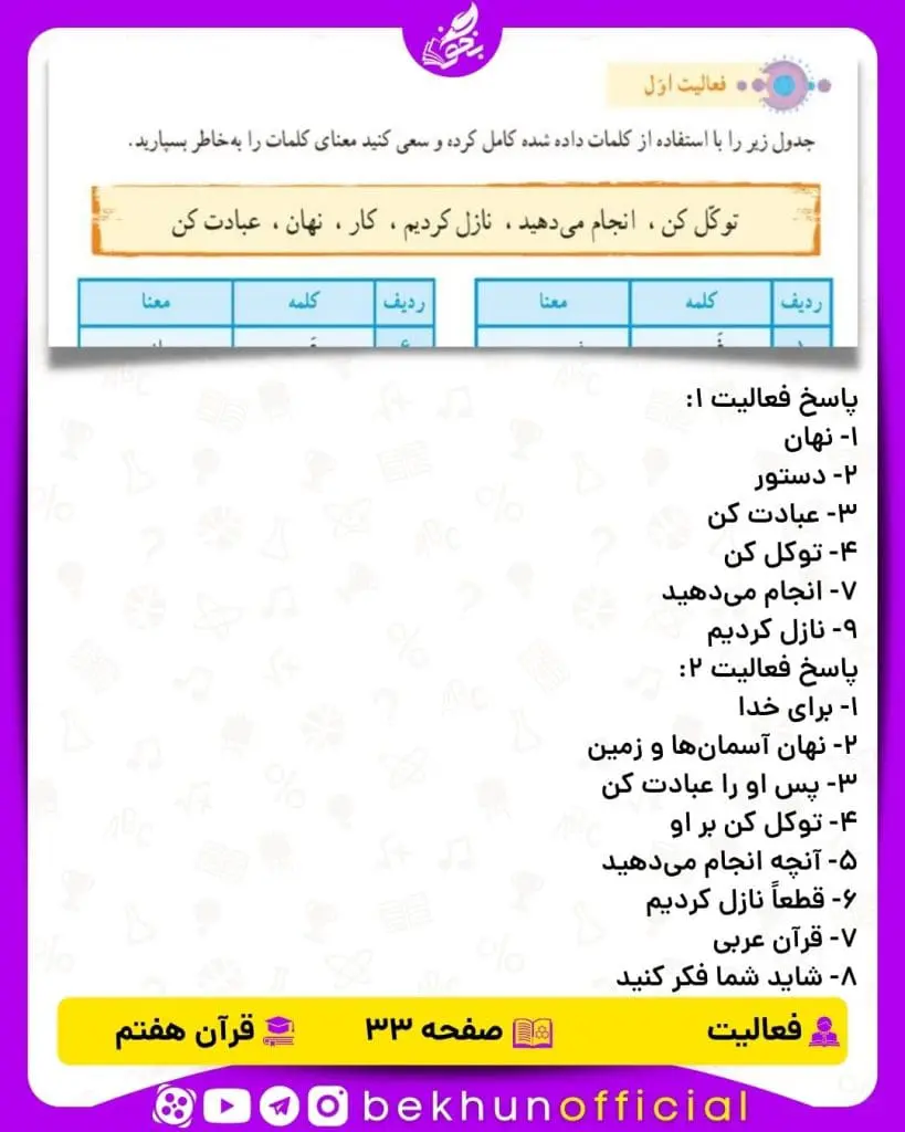 پاسخ فعالیت صفحه 33 قرآن هفتم