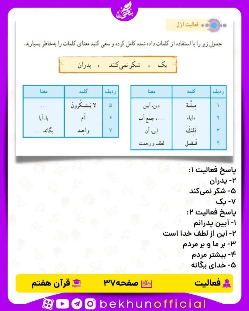 پاسخ فعالیت صفحه 37 قرآن هفتم