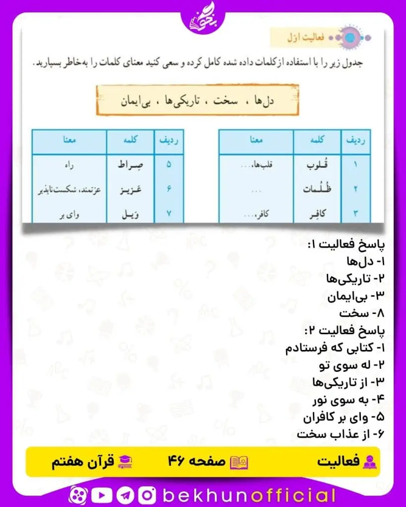 پاسخ فعالیت صفحه 46 قرآن هفتم