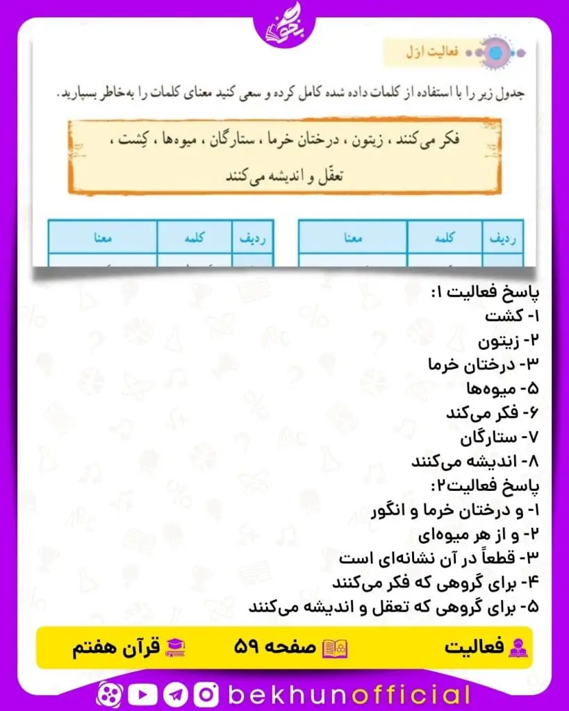 پاسخ فعالیت صفحه 59 قرآن هفتم