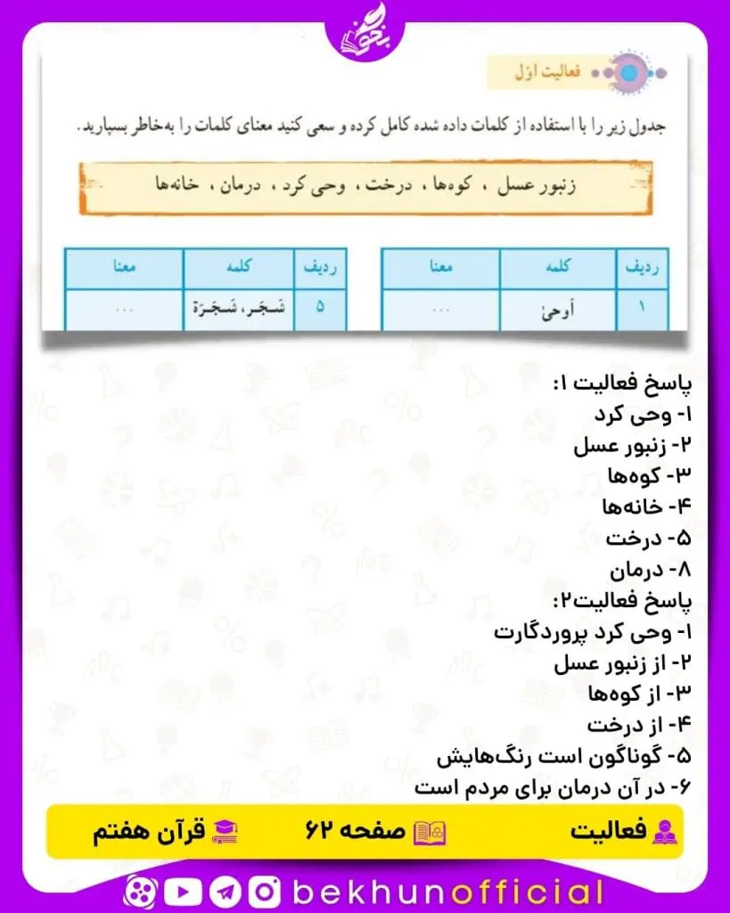 پاسخ فعالیت صفحه 62 قرآن هفتم