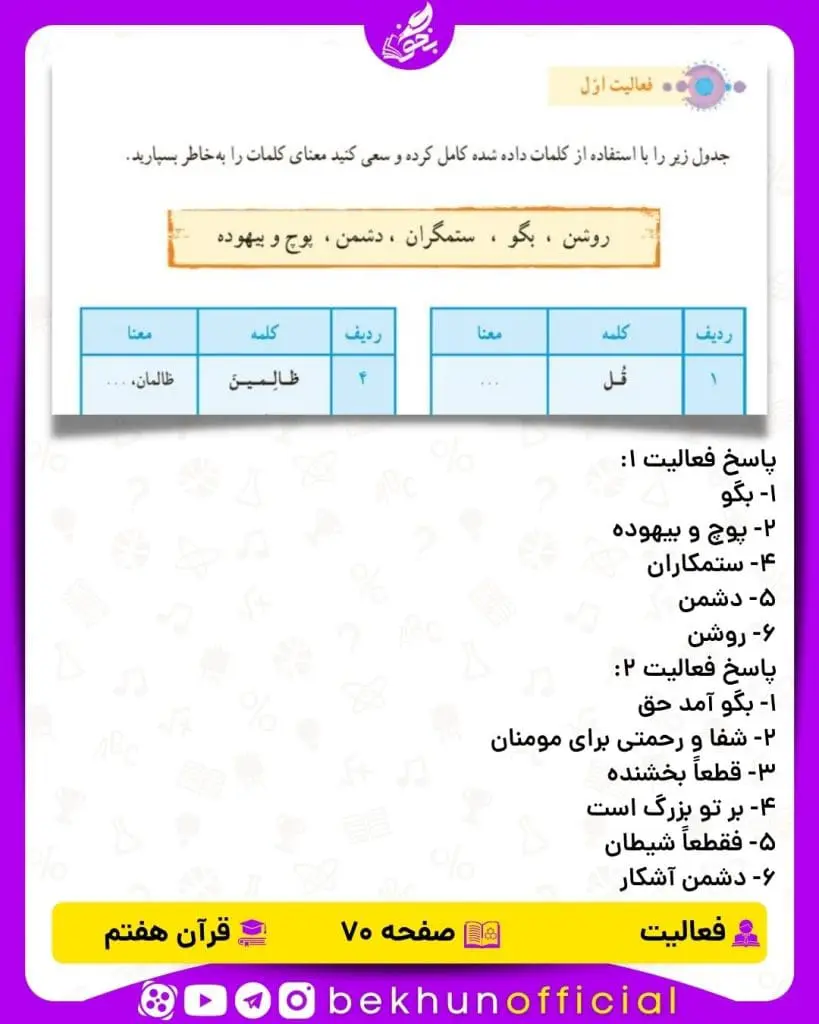 پاسخ فعالیت صفحه 70 قرآن هفتم