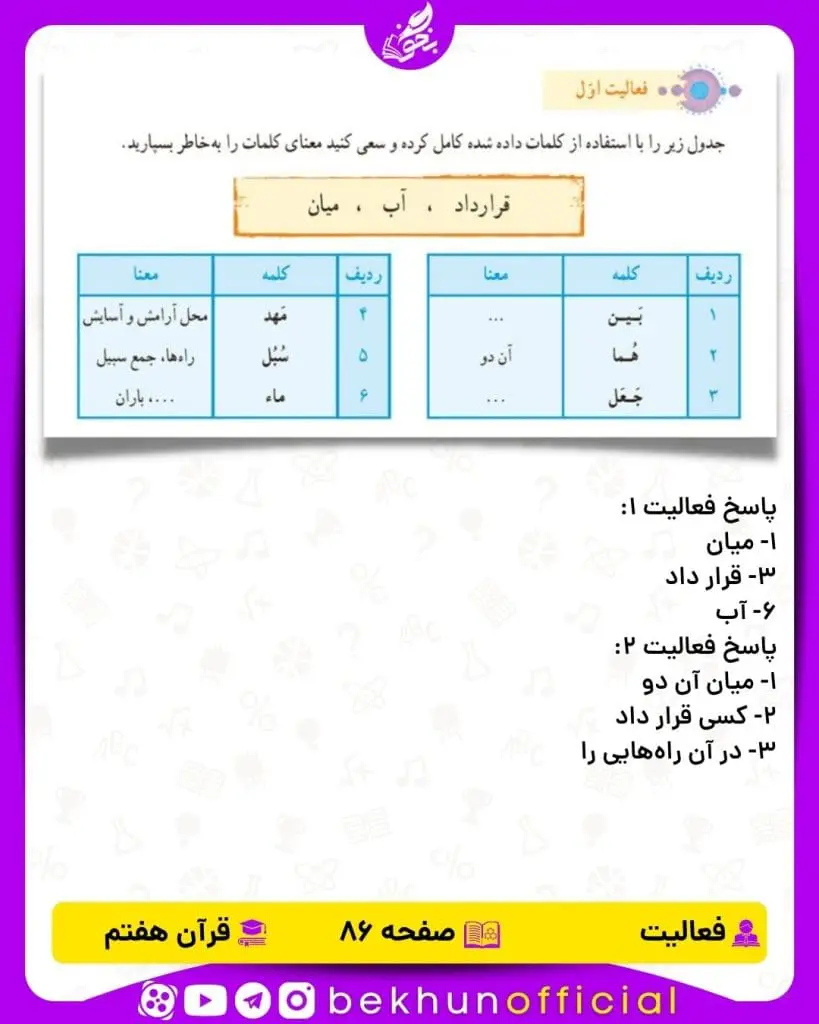 پاسخ فعالیت صفحه 86 قرآن هفتم