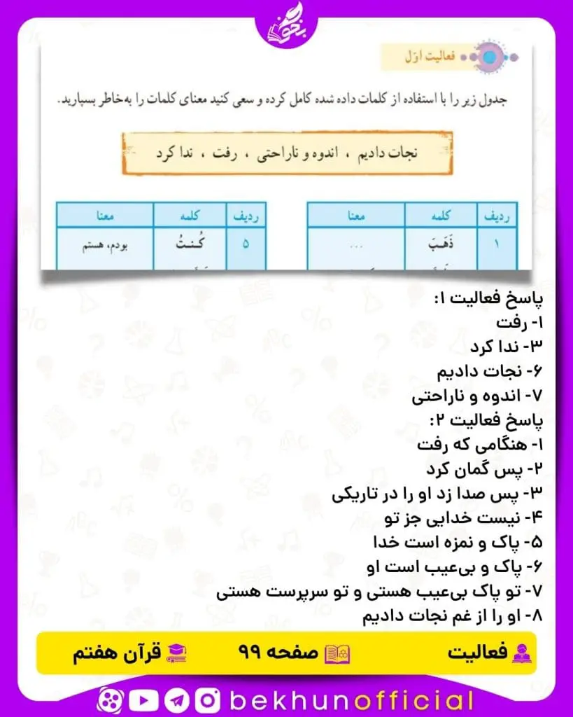 پاسخ فعالیت صفحه 99 قرآن هفتم