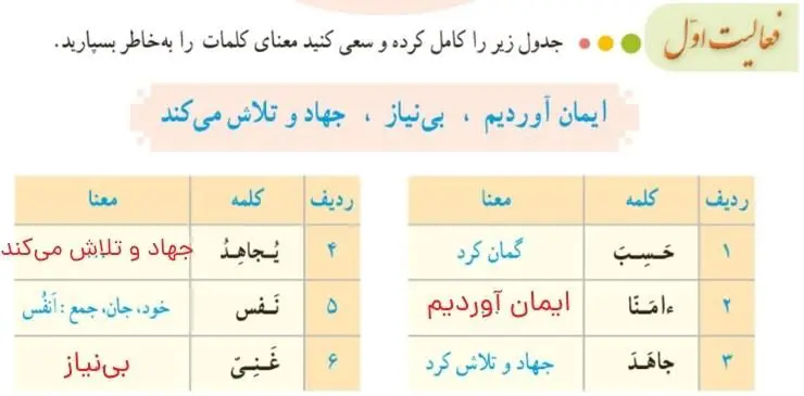 پاسخ فعالیت اول صفحه 59 قرآن هشتم