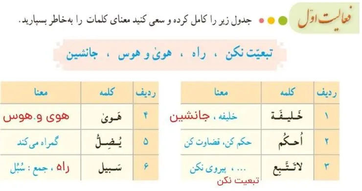 پاسخ فعالیت اول صفحه 99 قرآن هشتم