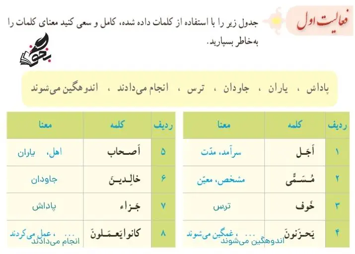 جواب فعالیت اول قرآن نهم صفحه 33