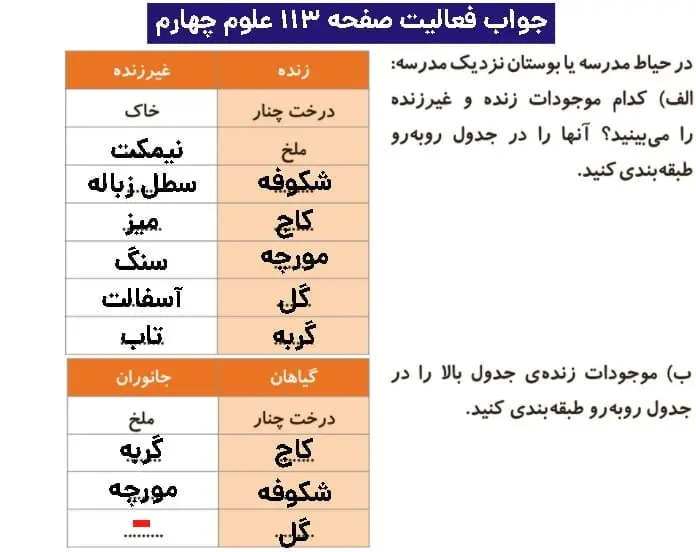 جواب فعالیتهای علوم چهارم ابتدایی 130 پاسخ فعالیت صفحه ۱۱۳ علوم چهارم