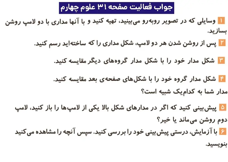 جواب فعالیتهای علوم چهارم ابتدایی 85 پاسخ فعالیت صفحه ۳۱ علوم چهارم