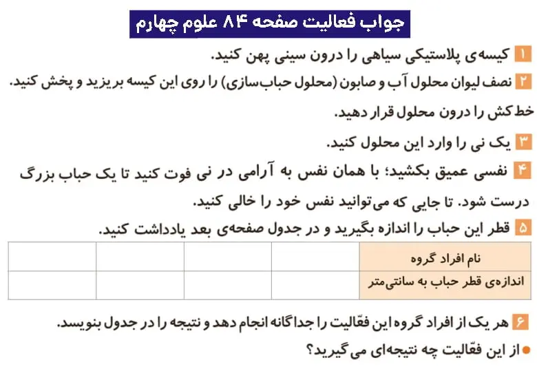 جواب فعالیتهای علوم چهارم ابتدایی 122 پاسخ فعالیت صفحه ۸۴ علوم چهارم ابتدایی