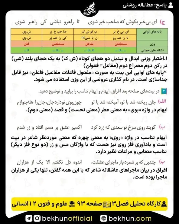 جواب کارگاه تحلیل فصل علوم و فنون ادبی دوازدهم انسانی 33 جواب کارگاه تحلیل فصل سوم صفحه 93 علوم و فنون ادبی 12 انسانی