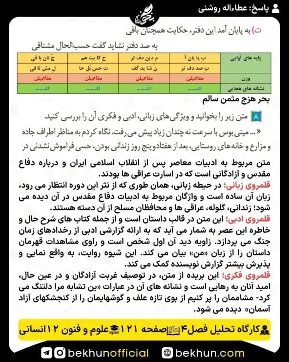 جواب کارگاه تحلیل فصل علوم و فنون ادبی دوازدهم انسانی 40 پاسخ کارگاه تحلیل فصل چهارم صفحه 121 علوم و فنون ادبی دوازدهم انسانی