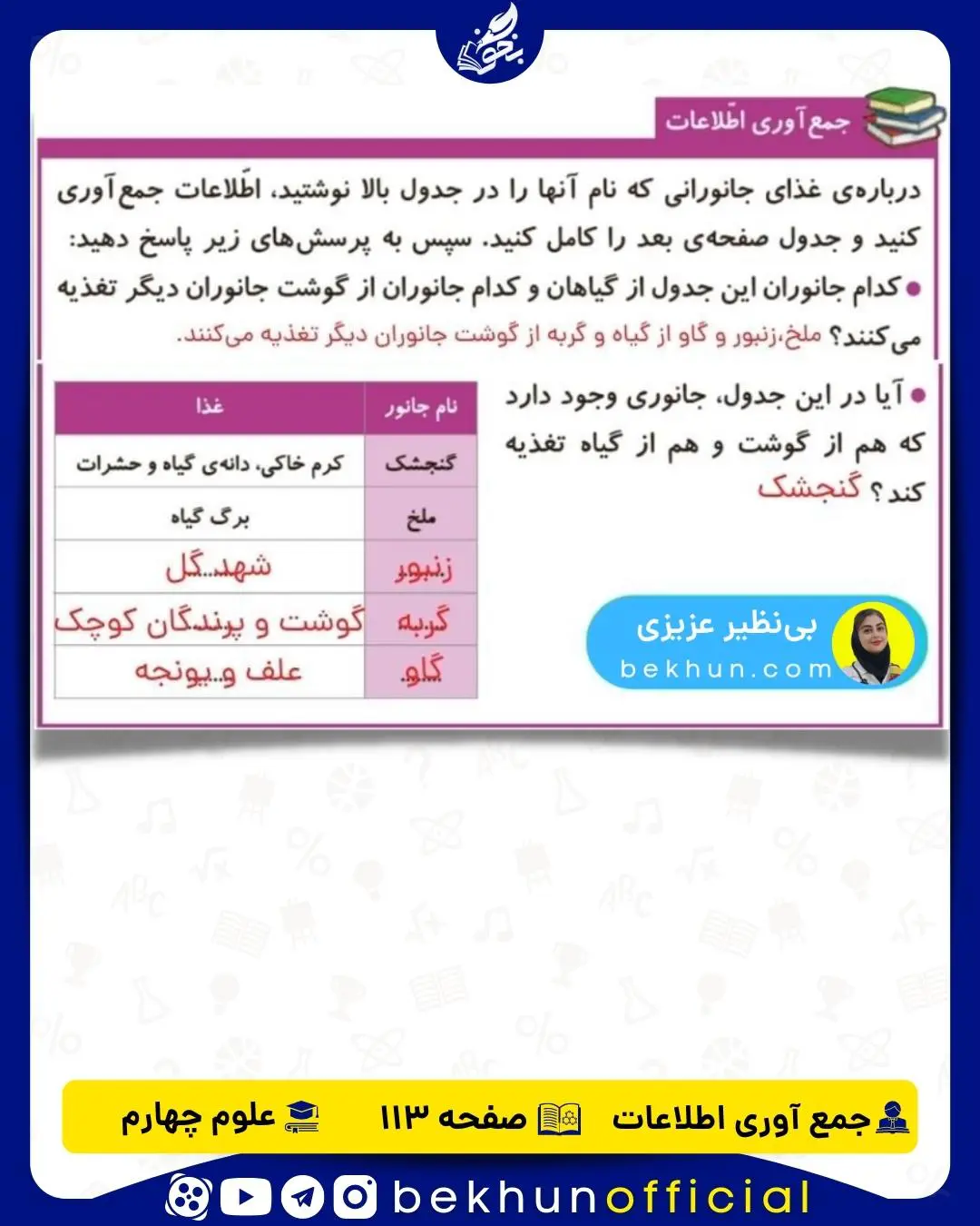 جمع آوری اطلاعات صفحه 113 علوم چهارم