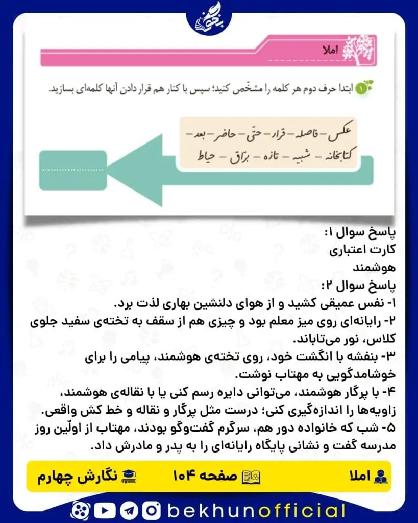 پاسخ املا صفحه 104 نگارش چهارم