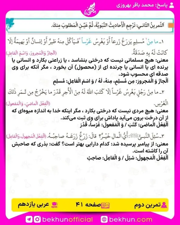 جواب تمرین های عربی یازدهم 57 پاسخ تمرین دوم صفحه 41 عربی یازدهم