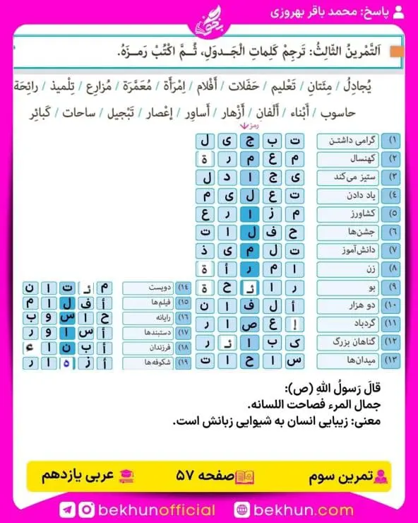 جواب تمرین های عربی یازدهم 66 پاسخ تمرین سوم صفحه 57 عربی یازدهم