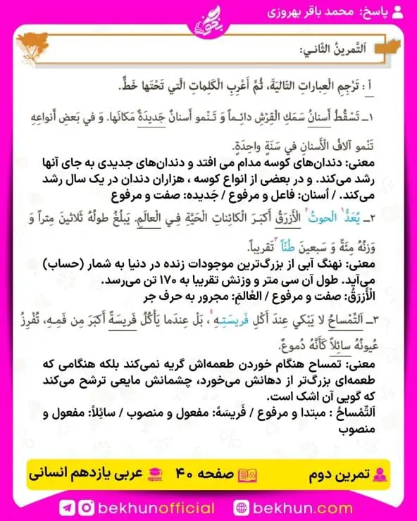 جواب تمرینات عربی یازدهم انسانی 58 پاسخ تمرین دوم صفحه 40 عربی یازدهم انسانی