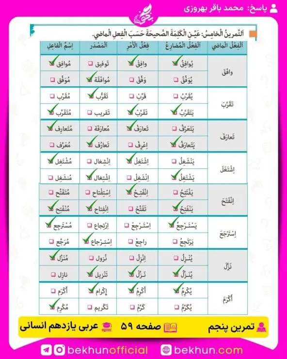 جواب تمرینات عربی یازدهم انسانی 67 پاسخ تمرین پنجم صفحه 59 عربی یازدهم انسانی