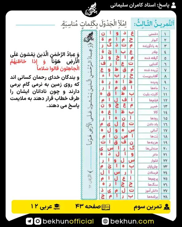 جواب تمرینات عربی دوازدهم 61 حل تمرینات عربی دوازدهم درس 3