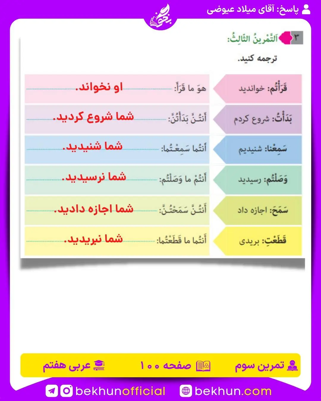 جواب صفحه 100 عربی هفتم