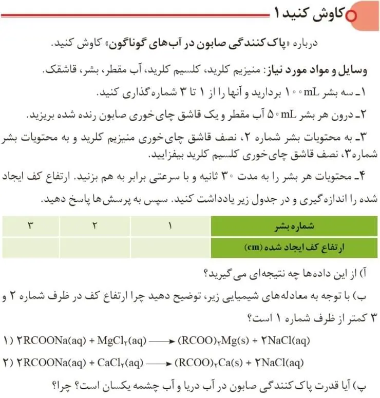 پاسخ کاوش کنید صفحه 9 شیمی دوازدهم