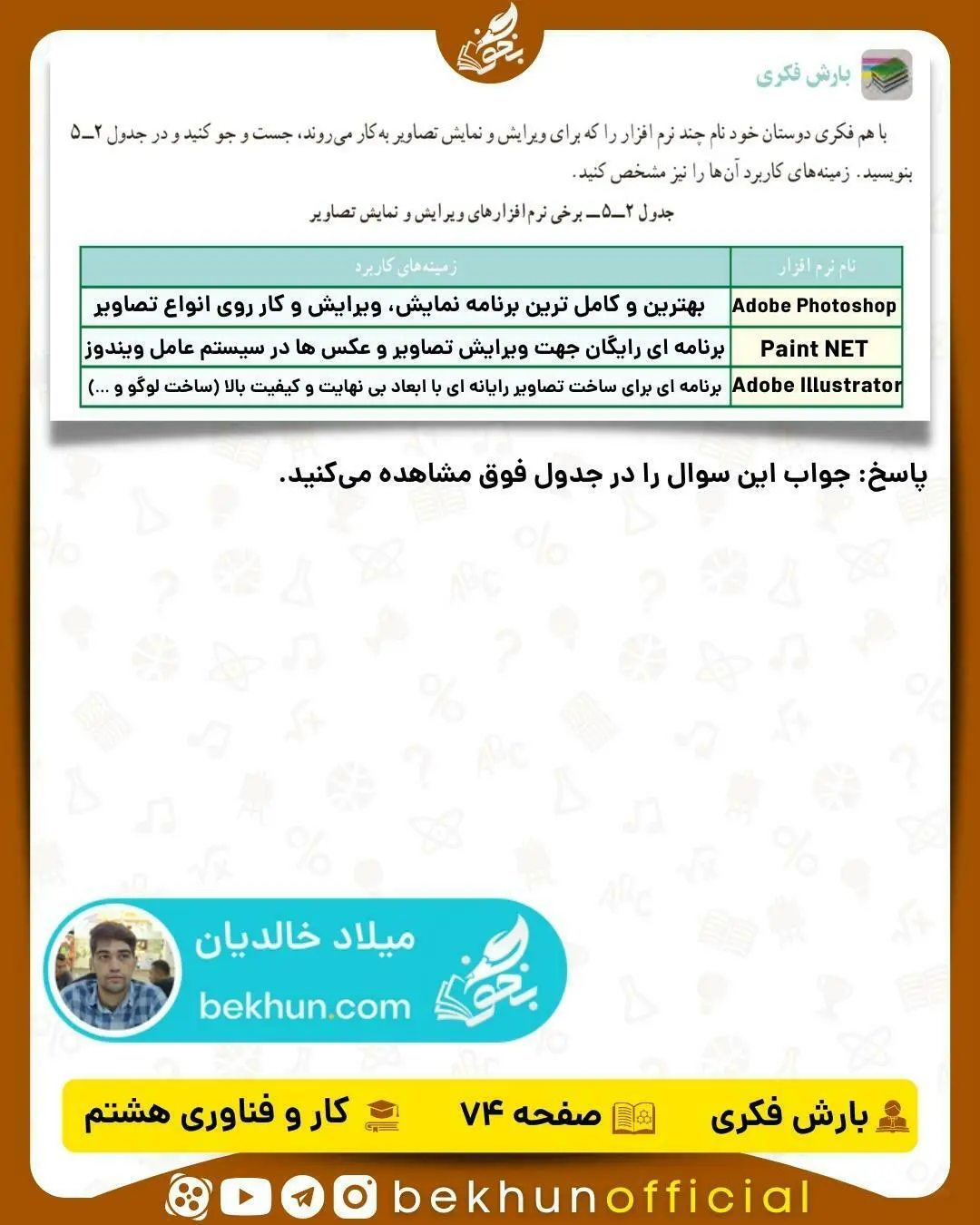 پاسخ بارش فکری صفحه 74 کار و فناوری هشتم