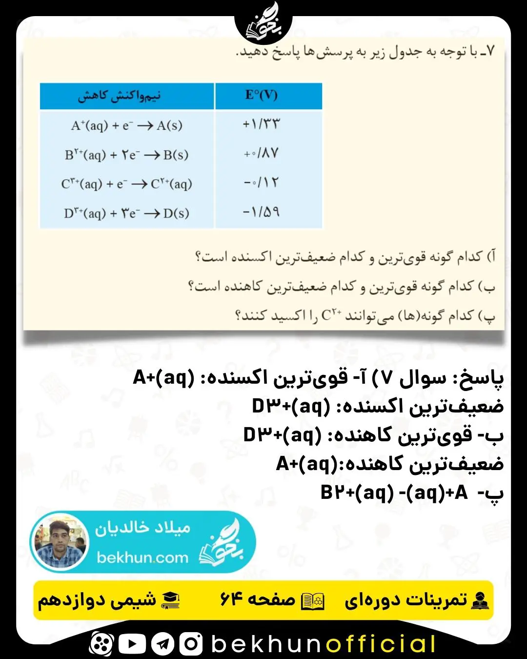 پاسخ سوال 7 تمرینات دوره‌ای شیمی دوازدهم فصل دوم