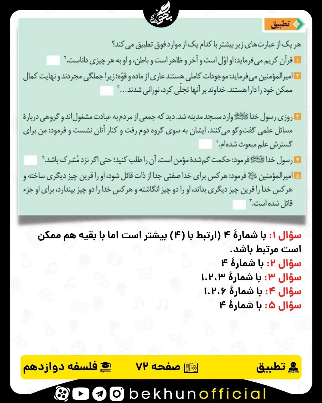 جواب تطبیق صفحه 72 فلسفه دوازدهم