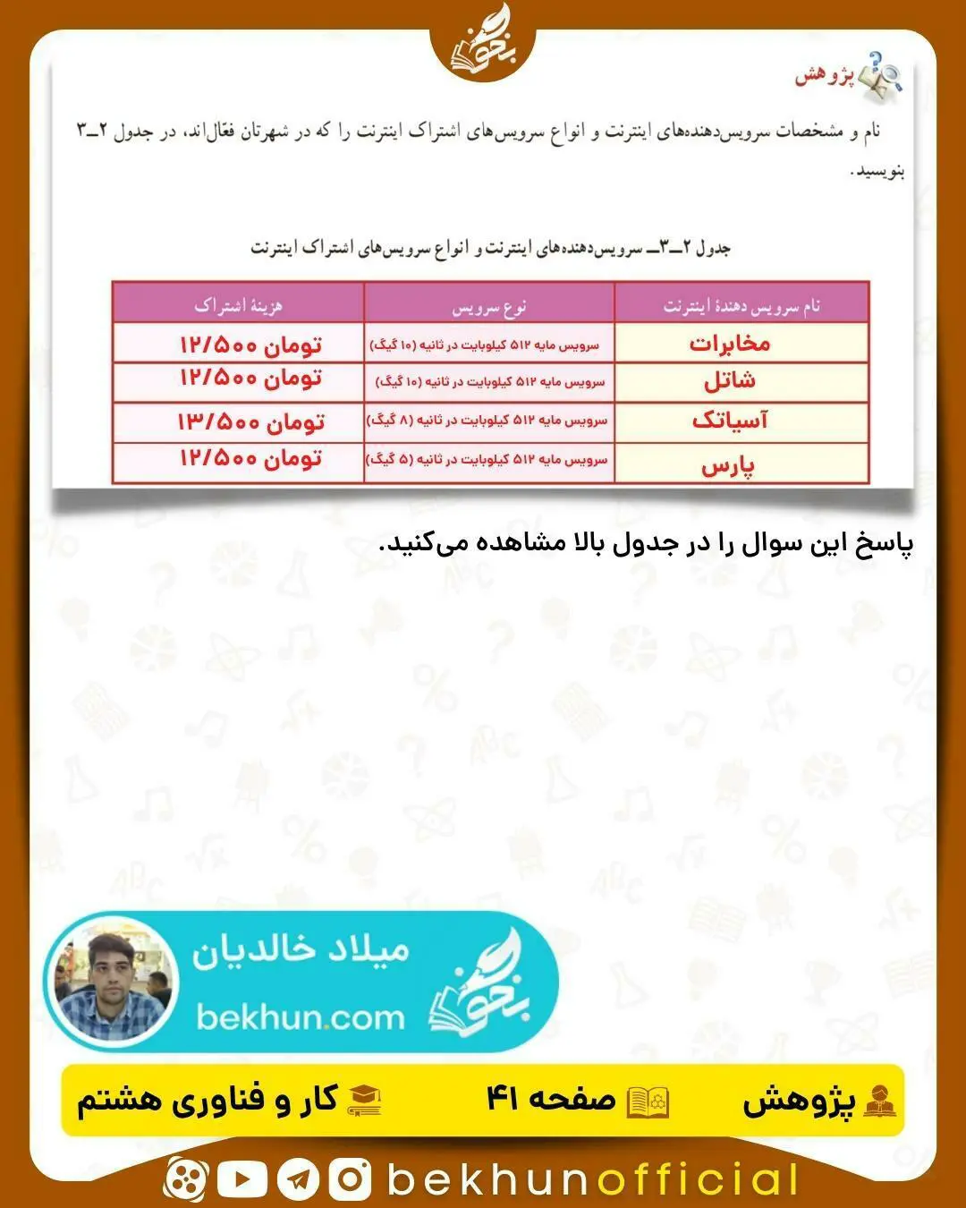 پاسخ پژوهش صفحه 41 کار و فناوری هشتم