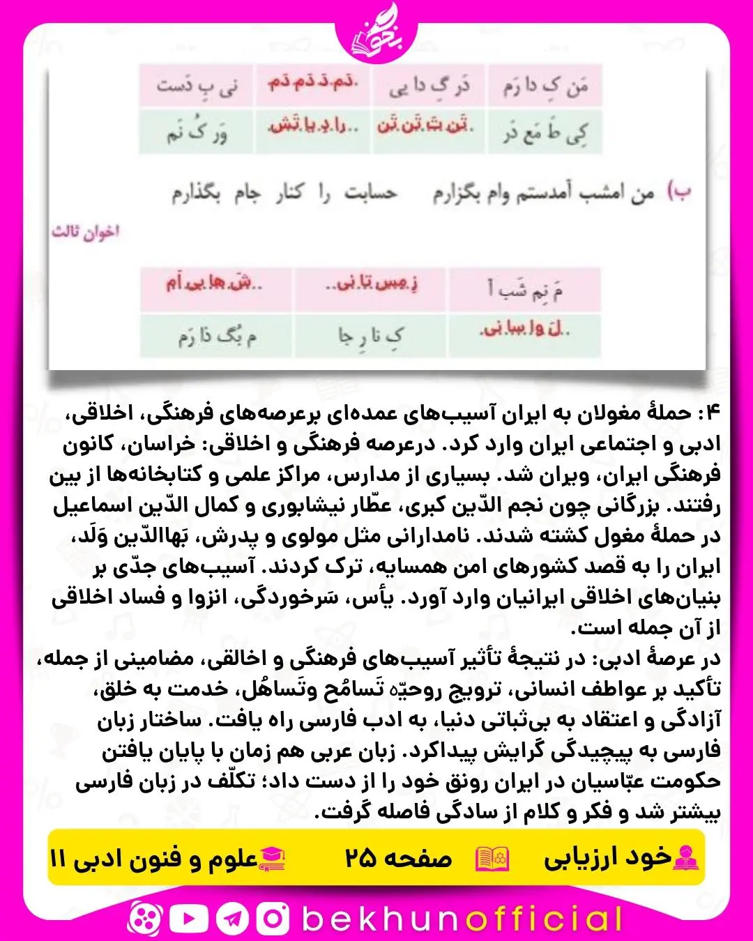 پاسخ خود ارزیابی علوم و فنون ادبی یازدهم انسانی  صفحه 25