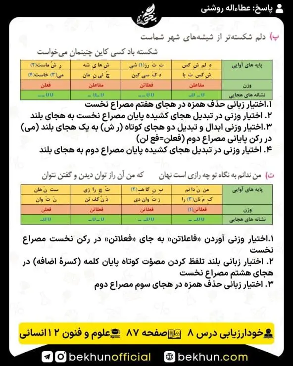 جواب خودارزیابی علوم و فنون ادبی دوازدهم انسانی 84 حل خودارزیابی صفحه 87 علوم و فنون ادبی دوازدهم انسانی