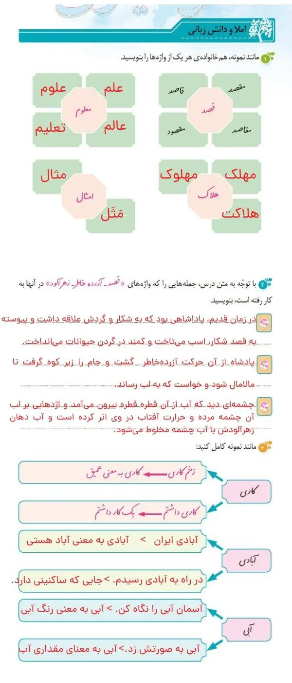 جواب املا و دانش زبانی صفحه 24 و 25 نگارش ششم