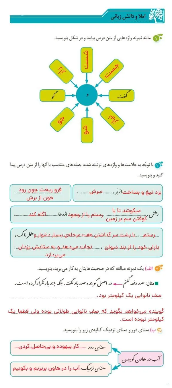 جواب املا و دانش زبانی صفحه 33 و 34 نگارش ششم