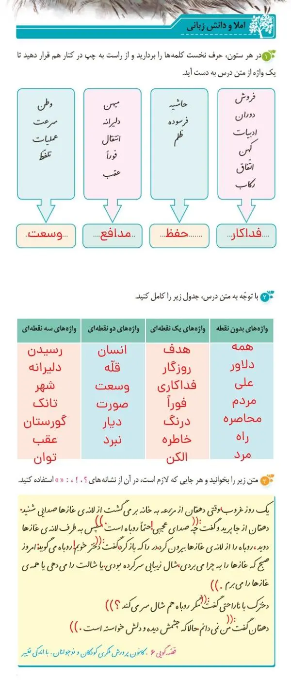 جواب املا و دانش زبانی صفحه 50 و 51 نگارش ششم