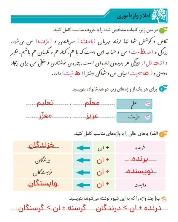 جواب املا و واژه‌آموزی صفحه 29 نگارش ششم