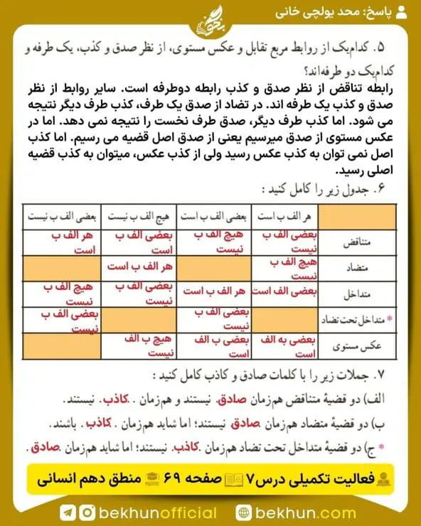 جواب فعالیتهای تکمیلی منطق دهم انسانی 41 جواب فعالیت تکمیلی درس 7 صفحه 69 منطق دهم انسانی