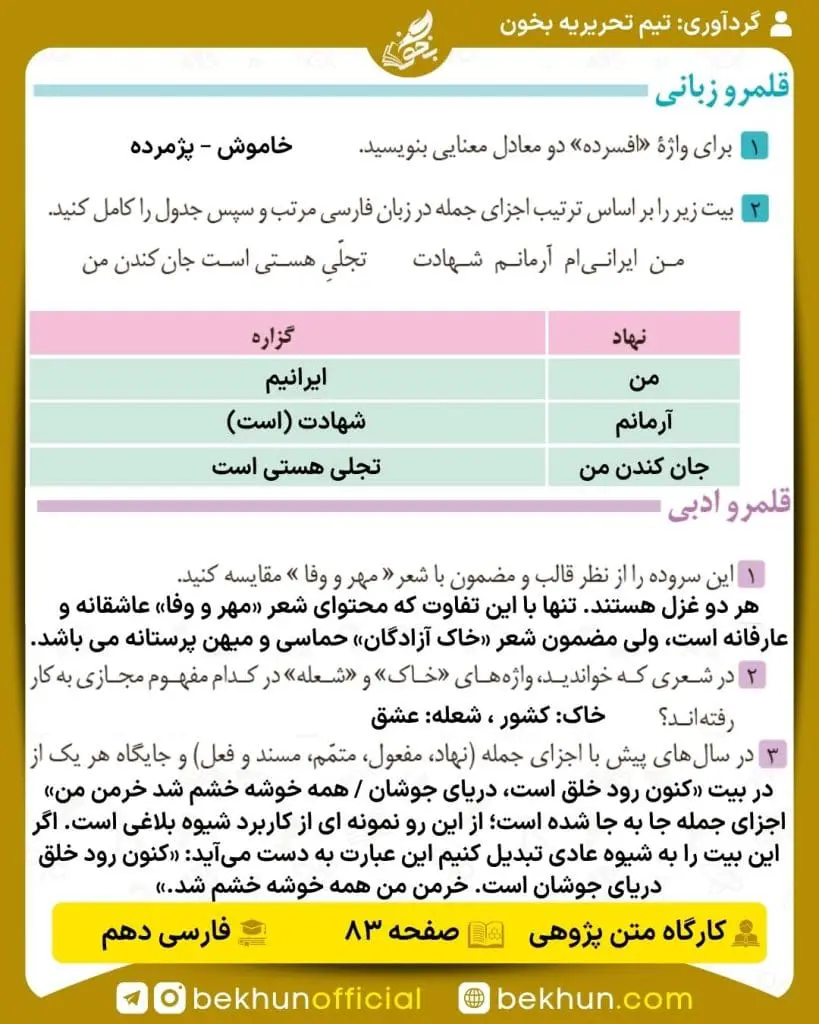 جواب کارگاه متن پژوهی فارسی دهم 60 جواب کارگاه متن پژوهی درس 11 فارسی دهم