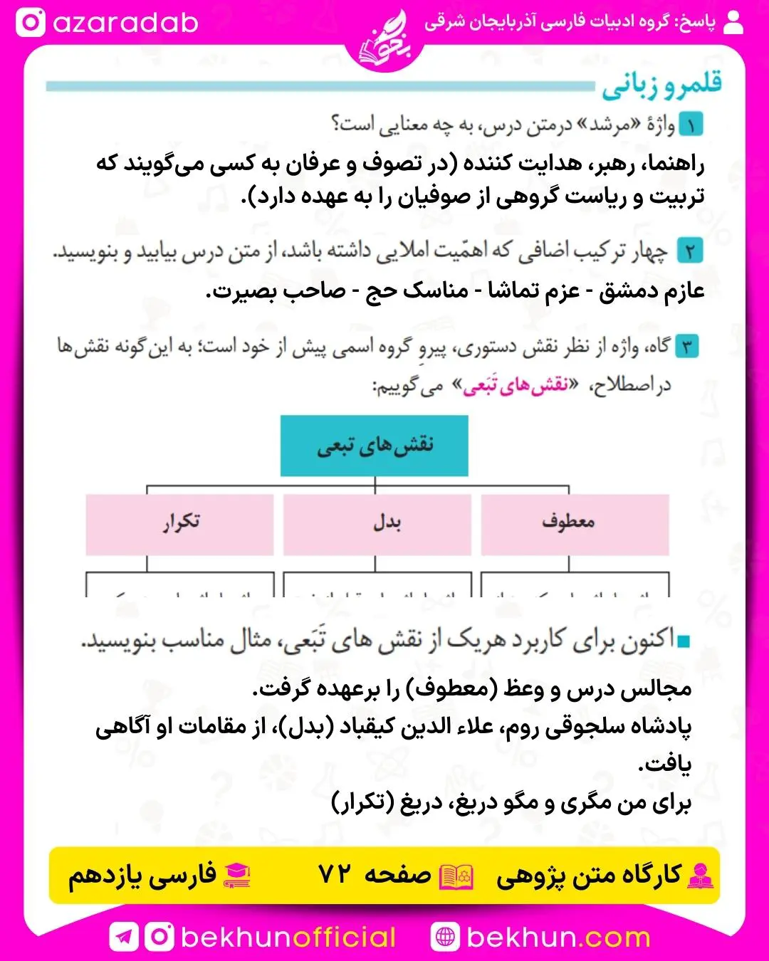 پاسخ قلمرو زبانی درس هشتم فارسی یازدهم صفحه 72